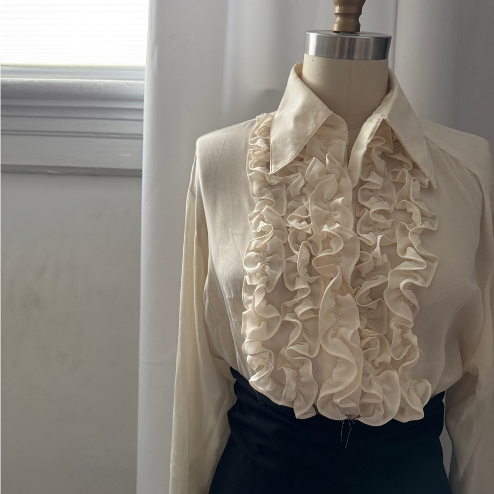 Kenar Cream Ruffle Front Blouse